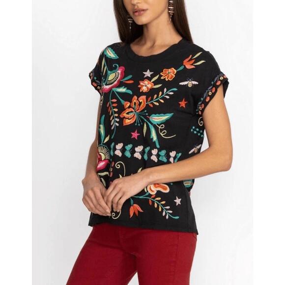 Johnny Was Tops - Johnny Was Averi Relaxed Tee Top Black‎ Multicolor Floral Embroidered Sz L Artsy